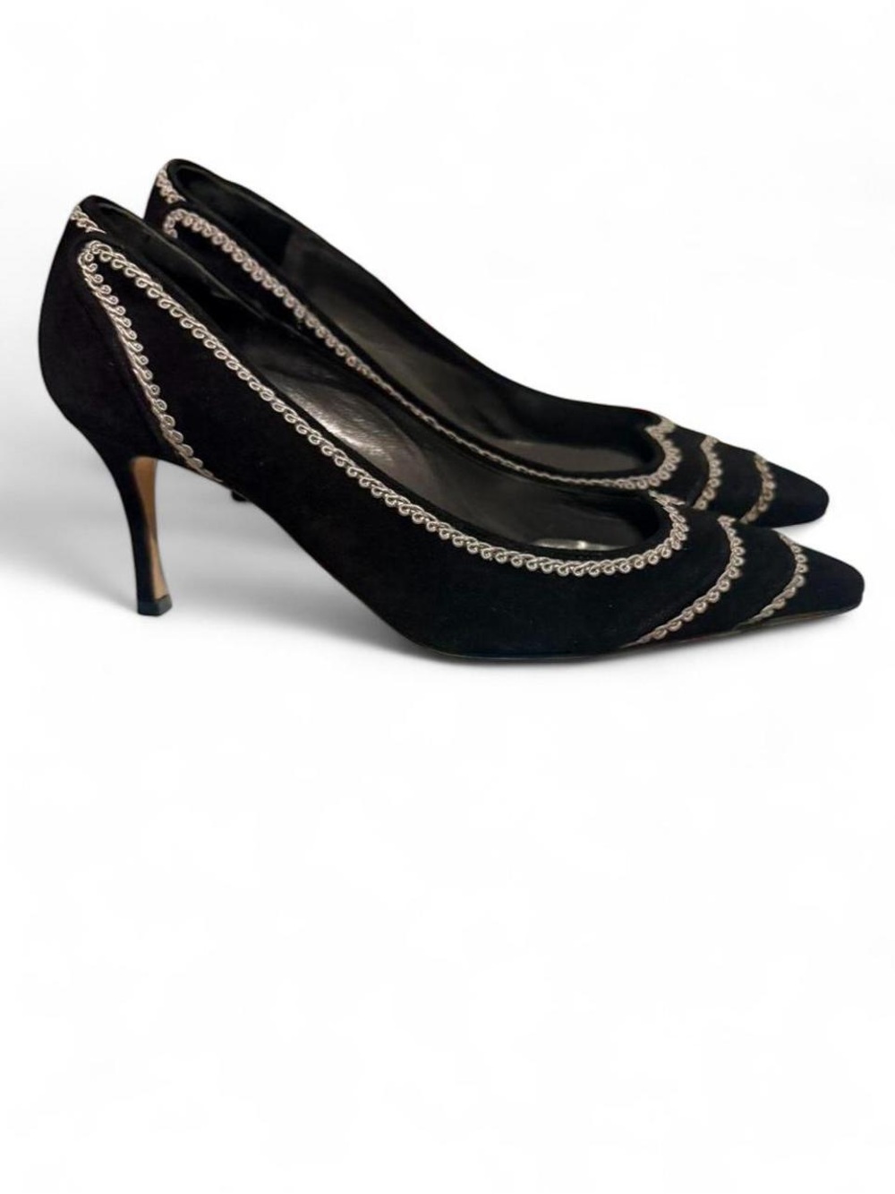 Manolo Blahnik Black Suede Pointed Pumps with Silver Braided Trim